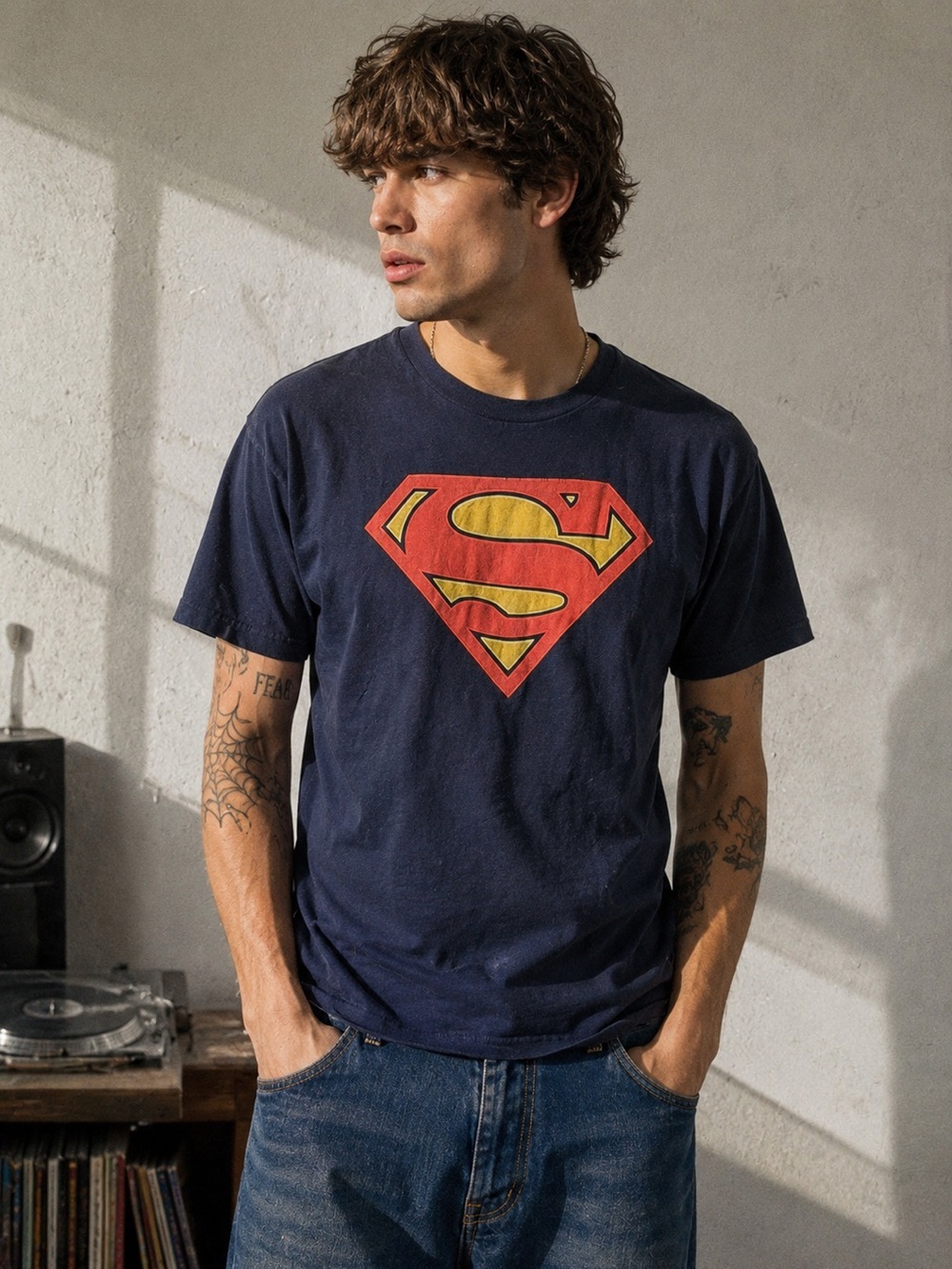 Superman Logo Graphic T-Shirt Navy Blue Size Large